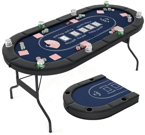 HOMASIS Pokertisch klappbar für 8 Spieler, Spieltisch mit 8 Getränkehaltern aus Metall, Profi Poker Tisch mit gepolsterter Armauflage, Casino Roulette Tisch für Blackjack, Texas Hold'em (Blau)