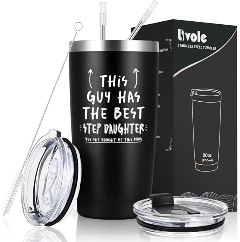 Livole Step Dad Christmas Gifts, This Gay Has The Best Step Daughter, Yes She Bought Me This Mug, Stepfather Mug, Secret Santa Presents for Fathers, Dad, 20oz Insulated Wine Tumbler with Straw Lids