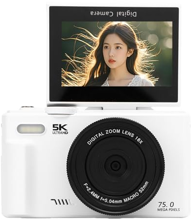 Plyisty Appareil Photo Numérique 5K 75MP, Caméra WiFi UHD AF Autofocus 18X Zoom avec Flash à écran Rabattable de 3 Pouces 180, pour Webcam de Photographie de Vlogging de Voyage (White)