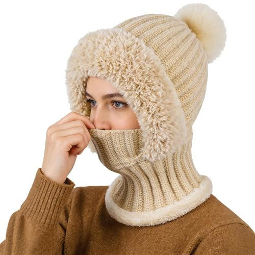 Horolam 3 in 1 Sturmhaube-Mütze Set mit Schal und Maske, Warm Balaclava Strickmütze mit Dickem Fleecefutter Winddichter Nackenwärmer für Damen für Winter Outdoor