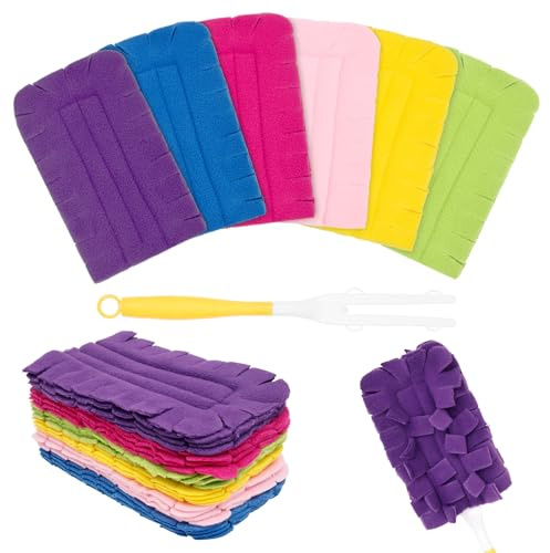 12Pcs Washable Duster Refills with Handle, Reusable Fleece Duster Pads for 360° Cleaning, Wet & Dry Manual Dust Magnet Refills for Fan, Window, Furniture, Floor
