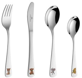 Gerlach Besteck-Set für Kinder Spülmaschinenfest Essbesteck aus Edelstahl Tafelbesteck mit Tiermuster Messer Gabel Löffel Kleiner Löffel Glänzend Rostfrei
