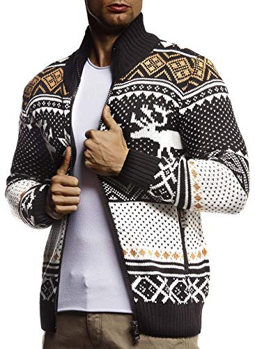 Leif Nelson Herren Strickjacke Stehkragen Norwegerjacke Schwarze Winterjacke Freizeitjacke Männer Jacke für Weihnachten Winter Norweger Muster Übergangsjacke Slim Fit LN20759 XL Schwarz