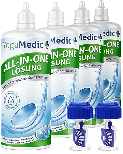 YogaMedic Kontaktlinsen Fluessigkeit - Linsenflüssigkeit Weiche Linsen, 4 x 360 ml + 2 Kontaktlinsenbehälter, Kontaktlinsenflüssigkeit, All-in-One Kombilösung für Weiche Kontaktlinsen Lösung Reiniger