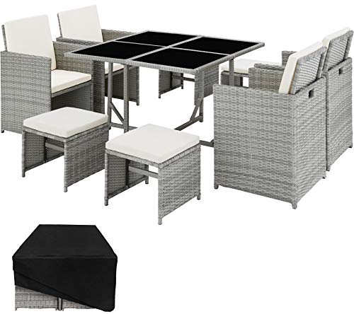 tectake Lounge Möbel Set aus 4X Stühle, 1x Tisch, 4X Hocker, wetterfest und platzsparende Cube Aufbewahrung inkl. Schutzhülle, Outdoor Rattan Gartenmöbel für Balkon, Garten und Terrasse - hellgrau