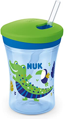 NUK Action Cup Trinkbecher Kinder | Chamäleon Effekt | 12+ Monate | Drehdeckel mit weichem Strohhalm | auslaufsicher | BPA-frei | 230 ml | Krokodil, grün, 120 g | 1 Stück (1er Pack)