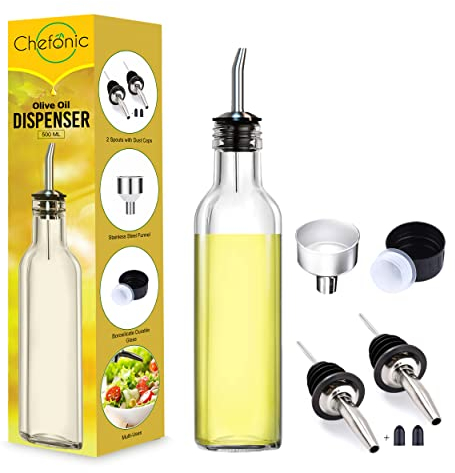 Glass Olive oil dispenser 500 ml, with 1 Funnel For Easy Refill, 2 Stainless Steel Pourer, Clear Borosilicate Oil Bottle for Kitchen, Cooking Oil Container