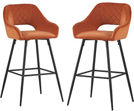 JaHECOME Bar Stools Set of 2 Orange Velvet Padded with Footrest Armrest Kitchen High Stools Supported Black Metal Legs for Breakfast Bar, Counter, Kitchen and Home