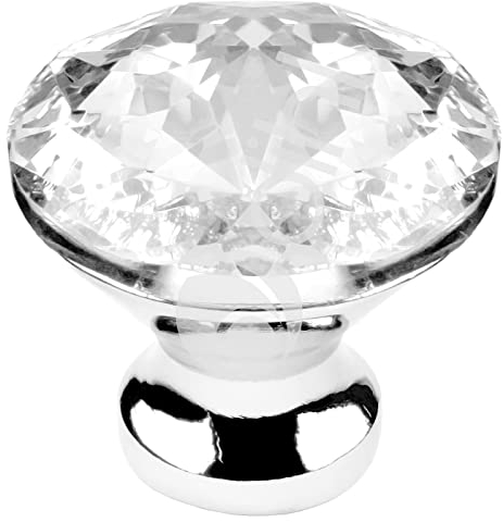 Dihl Crystal Glass Door Knobs, Pack of 4 Doorknobs, 29mm Wide, Diamond Shaped Cabinet Cupboard Dresser Wardrobe Drawer Pull Handles, Clear with Chrome Base, 4 PCS