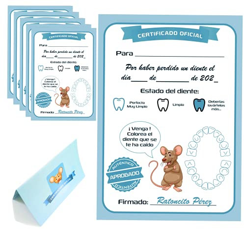 Myfuturshop® Carta ratoncito Pérez Certificado de diente limpio 10 Unidades. Regalo original para niño y niña. Azul
