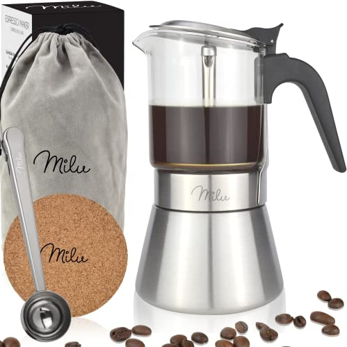 Milu Espressokocher Induktion geeignet | 4, 6 Tassen | Edelstahl Glas Mokkakanne, Espressokanne, Espresso Maker Set inkl. Untersetzer, Löffel, Bürste (6 Tassen 300ml)