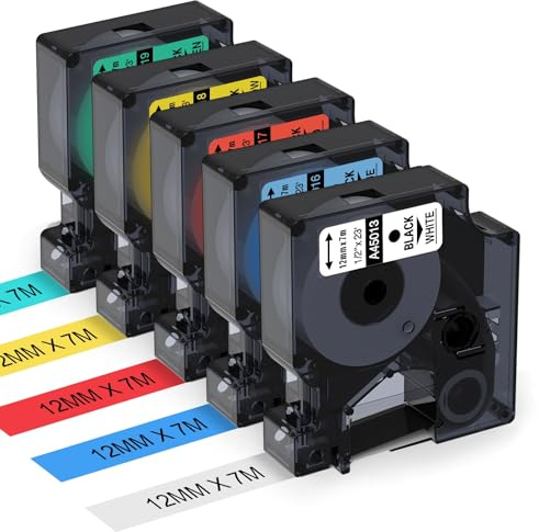 Aken Etikettenband Kompatibel mit Dymo D1 12mm x 7m | Kompatibel mit Dymo LabelManager 160 280 210D 360D 420P, Weiß/Gelb/Rot/Grün/Blau, 45013 45016 45017 45018 45019