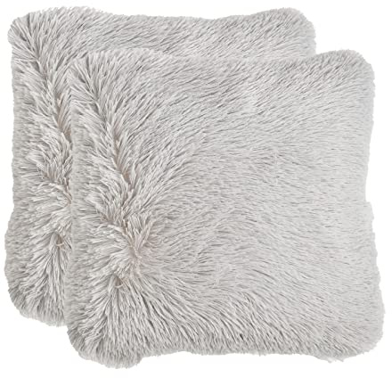 Sienna Fluffy Shaggy 2 Stück Kissenbezüge 45 x 45 cm Quadratisch Lang Weiche Faser Home Sofa Kissen Couch Wende-Set Silbergrau