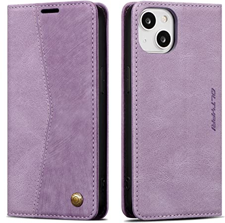 QLTYPRI Coque Compatible avec iPhone 13 Housse, Pochette Fermeture Magnétique avec Emplacements Cartes, Premium PU Protection Etui Flip Case pour iPhone 13 - Retro Violet