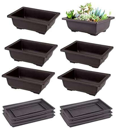 FHEDE 6 Stück klein Bonsai Trainingstöpfe mit Tablett, Gemüse Tomate Quadratischer Topfpflanzen,Pflanztopf Sukkulenten Bonsai-Topfpflanzen für Büro,Wohnzimmer und Garten,Schwarz,16x12x6cm