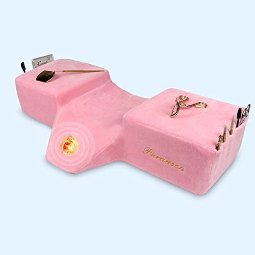 Puransen Professionelles Wimpernverlängerungskissen, ergonomisches Zurrkissen aus Memory-Schaum mit Nacken- und Rückenstütze, Samt-Kissenbezug mit Zwei Taschen für Werkzeuge an den Seiten des