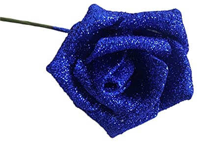 Wambere 12 Stück Glitzernde künstliche Rose,Einzelner Stiel als Geschenk Rosen für Hochzeitssträuße Brautstrauß Valentinsstrauß Jubiläen Geburtstag Partys Hotels Büro-Dekoration,Blau