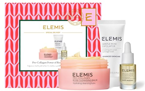 Elemis Limited Edition Rose Brightening Christmas Collection, Luxury Beauty Skincare Gift Set, English Rose Pro-Collagen Cleansing Balm, Gentle Face Exfoliator & Rose Facial Oil in Reisegröße