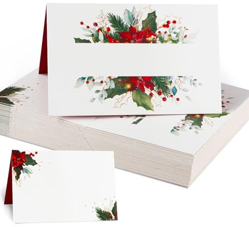 50 Stück Weihnachten Tischkarten 85x55 mm Weihnachtsstern Tischdekoration Namenskarten zum selbst Beschriften Namensschild Platzkarten für Geburtstag Silvester Neujahr Feier