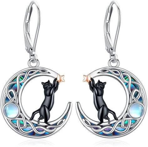 Eusense Katze Mond Ohrringe 925 Sterling Silber Mondstein Dangle Drop Schmuck Geschenk für Katzenliebhaber Damen Frauen Mädchen