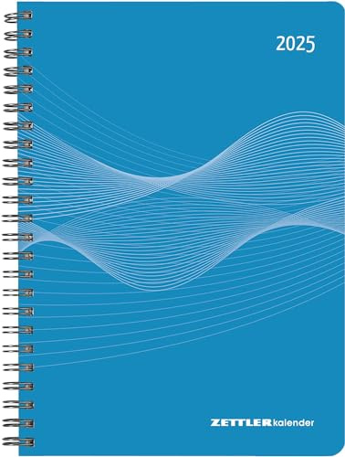 Zettler - Wochenplaner 2025 blau, 15x21cm, Taschenkalender mit 128 Seiten, 1 Woche auf 2 Seiten, Adressteil, Ringbindung, Monatsübersicht, Mondphasen und deutsches Kalendarium