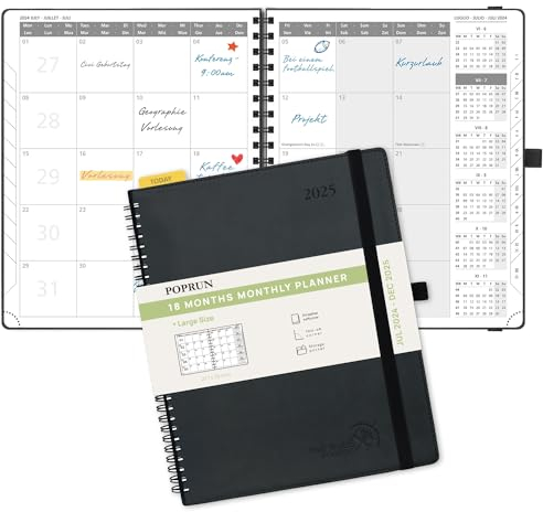 POPRUN Kalender 2025 Monatsplaner A4 (Jul.2024 - Dez.2025) - 18 Monate Monatskalender Ringbuch 26,5 x 21,5 cm - 1 Monat 4 Seiten, Softcover mit PU-Leder, 100 GSM Papier - Schwarz