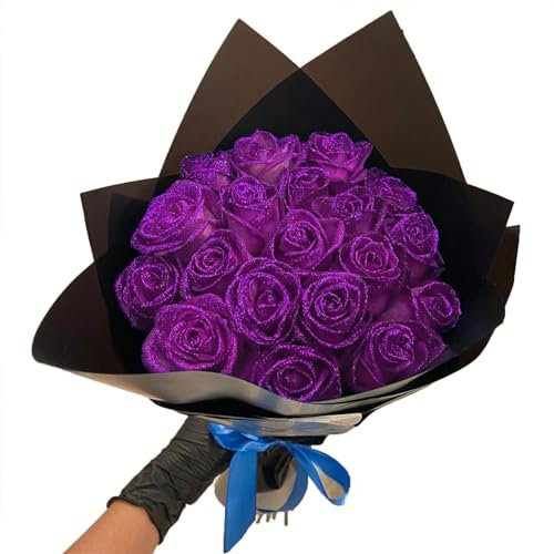 Glitter Rose Bouquet,Artificial Rose Flowers Bouquet,Glitter Everlasting Rose Bouquet,DIY Bouquet Shiny Fake Rose Bouquet Love Gift for Valentine's Day Gift (Purple,52 Pcs)