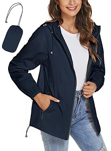 iWoo Regenjacke Damen Wasserdicht Dünne Windjacke Leicht Regenmantel Funktionsjacke für Outdoor-Windbreaker zum Wandern Reisen, Navy Blau S