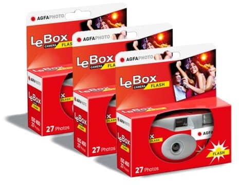 AGFA Photo 601020 - Cámara desechable LeBox Flash, 27 Fotos, Lente óptica de 31 mm, Color Gris y Rojo