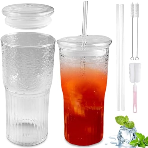Asfrode 2 Stück 650 ml Getränkebecher, Bubble Tempel mit Deckel und Strohhalme, Glas To Becher Kaffeetasse, breiter Hals Eis Kaffee Glas, Masonglas Tumbler Cup wiederverwendbare Konservierungsdosen