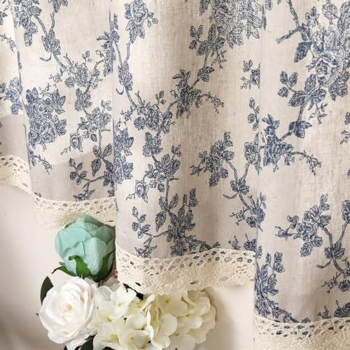 Moslovstar Vintage-Vorhang mit Orchidee, 1 Paneel, Halbvorhang aus Baumwollleinen im Vintage-Stil für Küche und Café, eleganter Saum aus floraler Spitze, 140 cm B x 100 cm L Beige