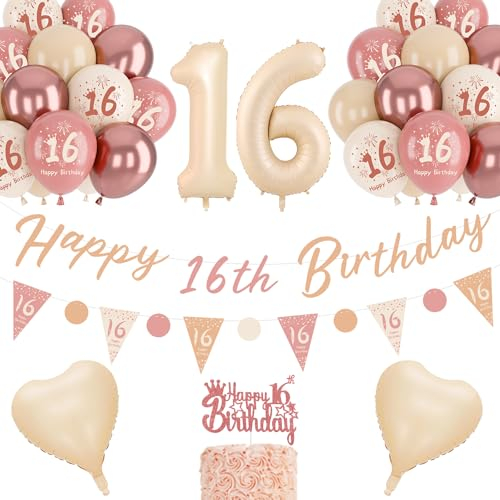 16th Birthday Decorations for Girls - Retro Blush Pink Balloons, Banner, Unique Triangle Flag, Rose Gold White Sand Nude Balloon Set