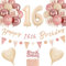 16th Birthday Decorations for Girls - Retro Blush Pink Balloons, Banner, Unique Triangle Flag, Rose Gold White Sand Nude Balloon Set