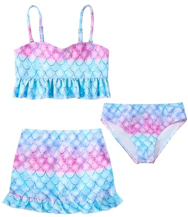 3 Stück Bikini Mädchen Set Lebhafte Muster, Verstellbare Träger & Rüschen-Rock - Schnelltrocknender Badeanzug für Kinder Mädchen 4-12 Jahre, Perfekt für Strand, Pool & Wasserpark