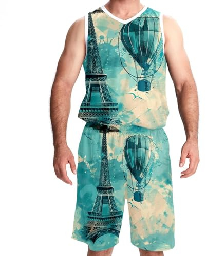 FNETJXF Basketball-Trikots Shorts Sport-Set Trikots für Herren Athletic Basketball Trikots Eiffelturm Frankreich Paris Valentinstag, Muster 1086, M