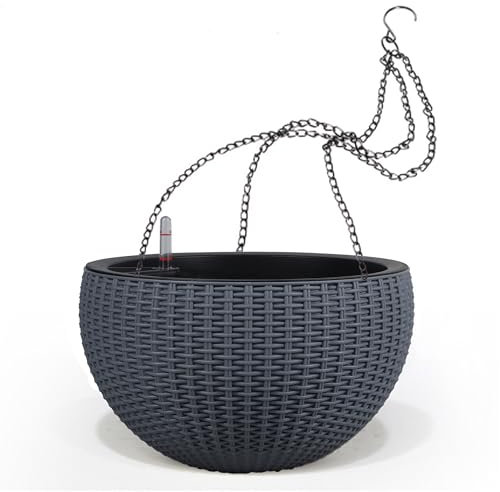 Dexceder 13.5 Inch Large Self Watering Hanging Planters Indoor Outdoor, Thickened Hanging Basket Flower Plant Pot with Water Level Indicator (Gray)