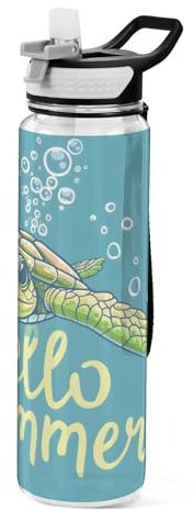 Mnsruu Hello Turtle Trinkflasche mit Strohhalm, 1 Liter, Sportflasche, Tritan, BPA-frei, klare Trinkflasche für Erwachsene, Outdoor, Schule, Fitnessstudio, Reisen