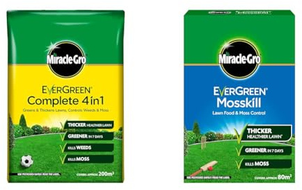 Miracle-Gro Evergreen Complete 4-in-1 Lawn Food - 200 m2, Lawn Food, Weed & Moss Control, Yellow & EverGreen Mosskill Lawn Food and Moss Control, 2.8kg, 80 m2, Brown