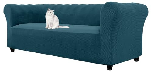 HonunGron Stretch Chesterfield Sofa Überzug 1 2 3 Sitzer, Elasthan Jacquard Couch Überzug, Sofaschutz rutschfest Sofaüberwurf Waschbare Sofabezug für Gebogene Sofa Sessel (Dunkles Cyan,3 Sitzer)