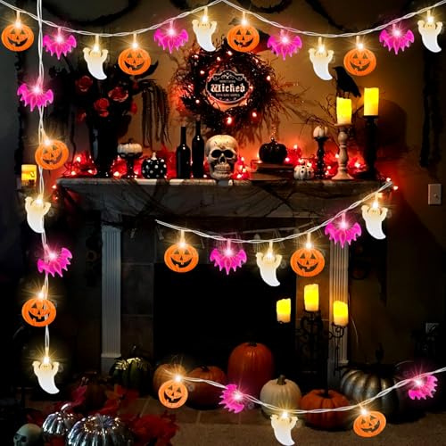 Halloween Lichterkette 3 Meter Halloween Fledermaus Lichterkette mit 20 LED, Halloween Dekolichter, Halloween Deko Lichterkette, Kürbis, Weißer Geist, Fledermaus, Spinne, Halloween Party Deko (B)