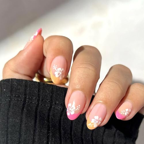 24Pcs Pink Press on Nails Short Almond White Flower Fake Nails with Cute Hibiscus Flowers Design False Nails Full Cover Pink Yellow French Tip Acrylic Nails for Women Girls DIY Nail Decoration