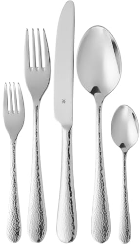 WMF Sitello Besteck Set 12 Personen, Cromargan, Essbesteck Set 60 teilig, Monobloc-Messer, Cromargan Edelstahl poliert, Hammerschlag, ergonomisch, glänzend, spülmaschinengeeignet, silber