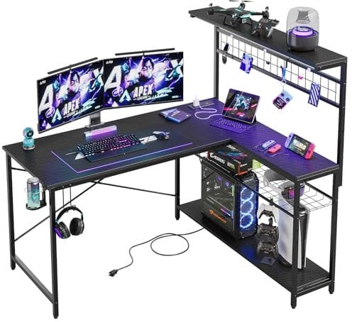 Bestier L-Shaped Gaming Desk with Power Outlets, LED Workstation with 4 Tiers Shelves for Home Office, Gamer Reversible Table with Hooks and Cup (BDCF, 129cm)