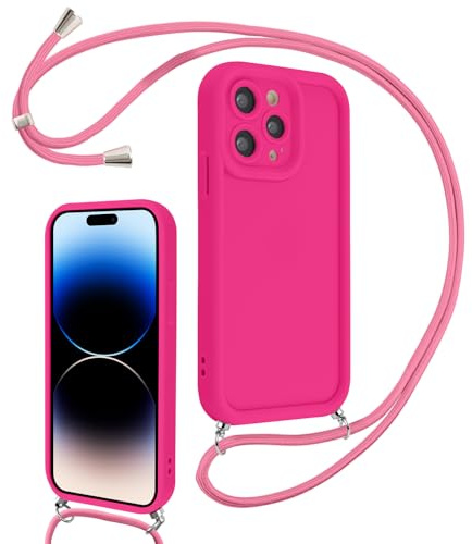Coalbooliy Cover per iPhone 14 Pro 6,1 con Cordino per Cellulare, Custodia Silicone con Regolabile Collana Sottile Morbida Case Protezione della fotocamera Antiurto con Necklace, Rosa Rossa