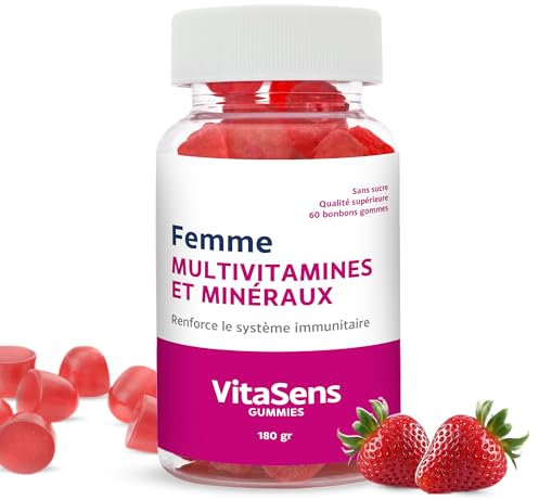 VITASENS Multivitamin & Minerals 360 Bonbons Vitamines A, D, E, C, B6, Acide folique, B12, Biotine, Acide Pentothénique, Zinc, iode, Sélénium. Sans sucre, sans gluten et sans lactose (Femme (Fraise))