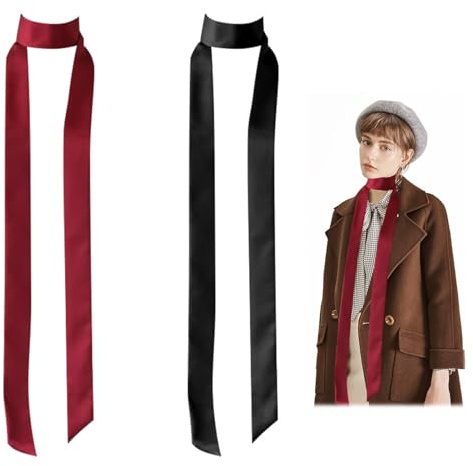 2PCS Women Skinny Scarf, Satin Waist Belt 5x200cm Slim Ribbon Sash | Elegant dress accessory, long thin tie, hair band, neck wrap, silk style, fashion pair, portable reliable quality