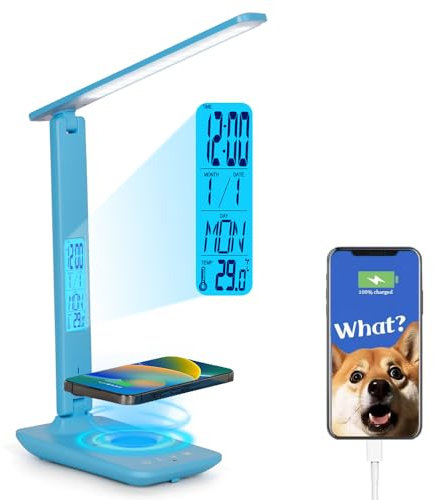 Desk Lamp with Wireless Charger, LED Desk Lamp with Clock, USB Charging Port, Phone Holder, Dimmable Desk Light for Home Office, Eye-Caring Reading Lamp, Study Lamp for Boys, Girls, Teens(Blue)