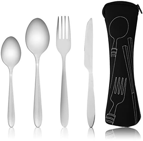 Set di posate con borsa portatile, posate in acciaio inox, set di attrezzi da campeggio con borsa in neoprene per attività all'aperto, viaggi, picnic, ufficio, scuola, pranzo, 4 pezzi