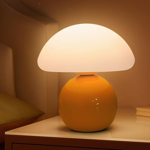 Orange Pilz lampe LED Pilzlampe Tischlampe, Pilzlampen Tischlampe Dimmbar mit 3 Helligkeitsmodi, Mushroom Lamp aus Keramikkörper und PE-Schirm, Nachttischlampe Pilz Deko Wohnzimmer, Schlafzimmer