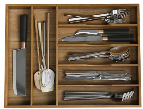 Smuxee Acacia Wood Kitchen Silverware Drawer Organizer, 7 Compartment Utensil Holder, Kitchen Drawer Divider for Silverware and Kitchenware